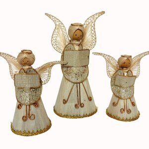 Folk Art Straw Angel Choir Figurines Set Vintage Raffia Christmas Angels Decor